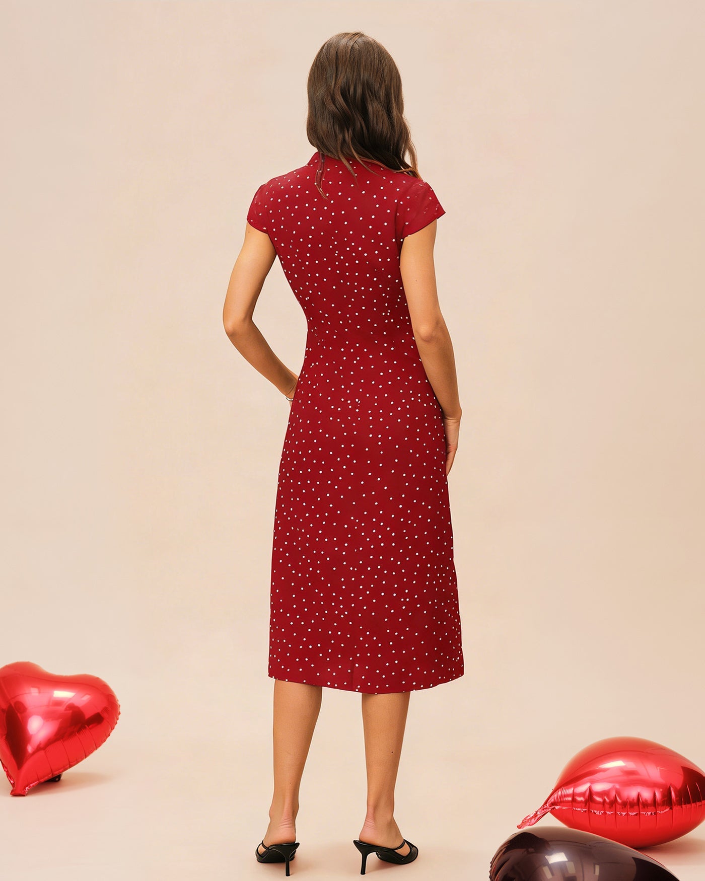 Polka Dot Midi Dress with Red Mandarin Collar