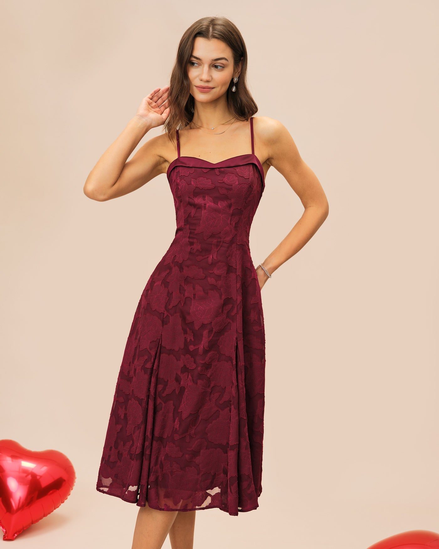 Wine Red Sweetheart Neck Jacquard Midi Slip Dress