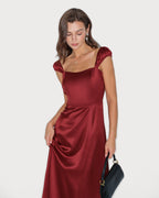 Red Satin Midi Dress with Sweetheart Neckline