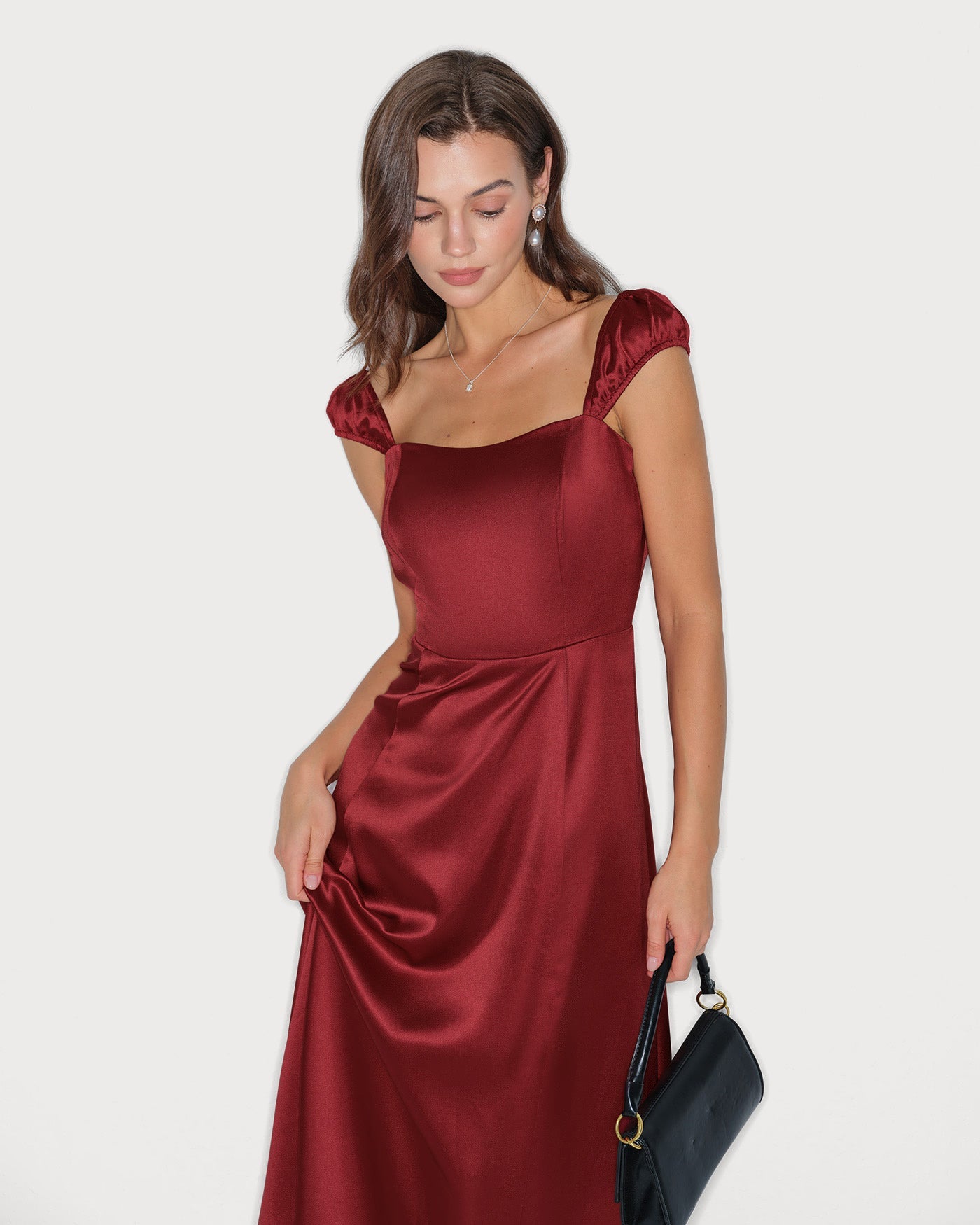 Red Satin Midi Dress with Sweetheart Neckline