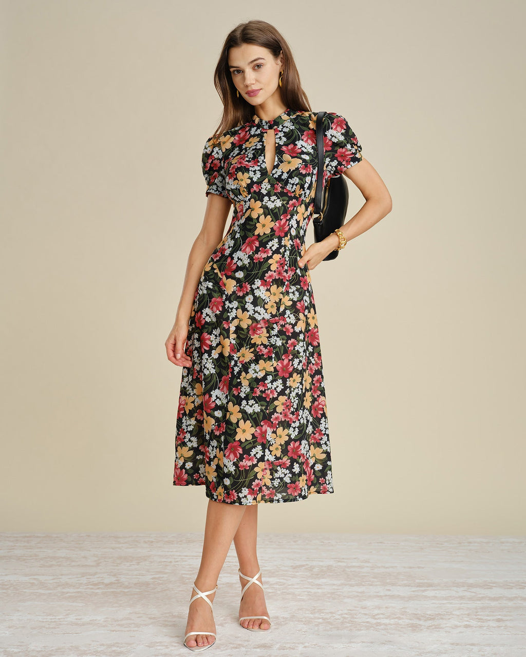 Floral Midi Dress with Puffed Sleeves in Black
