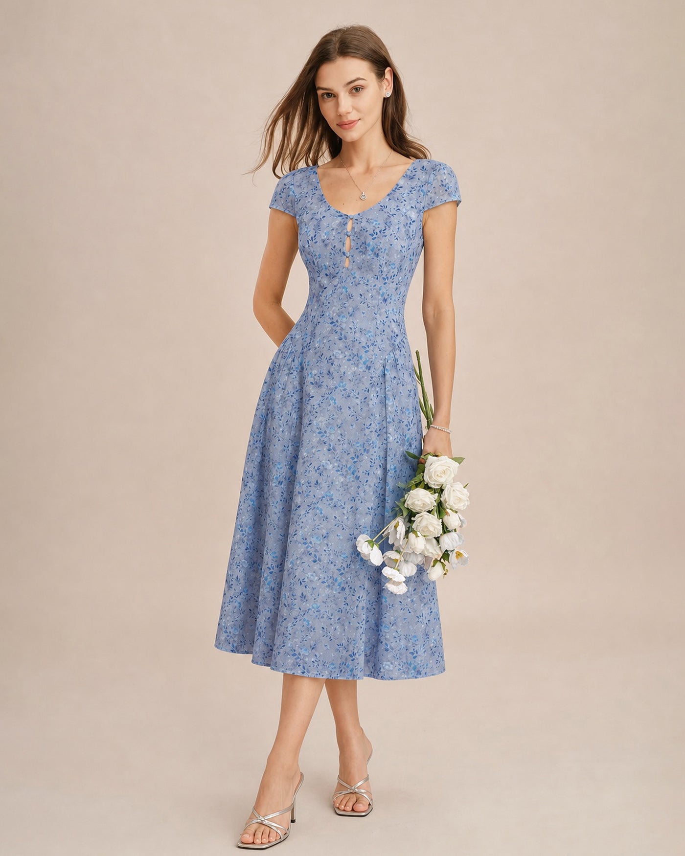 Floral Midi Dress with U Neck and Button Detail in Blue
