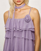 Ruffled Midi Dress with Purple Floral Print