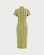 Green Mandarin Collar Midi Dress with Tunic Style