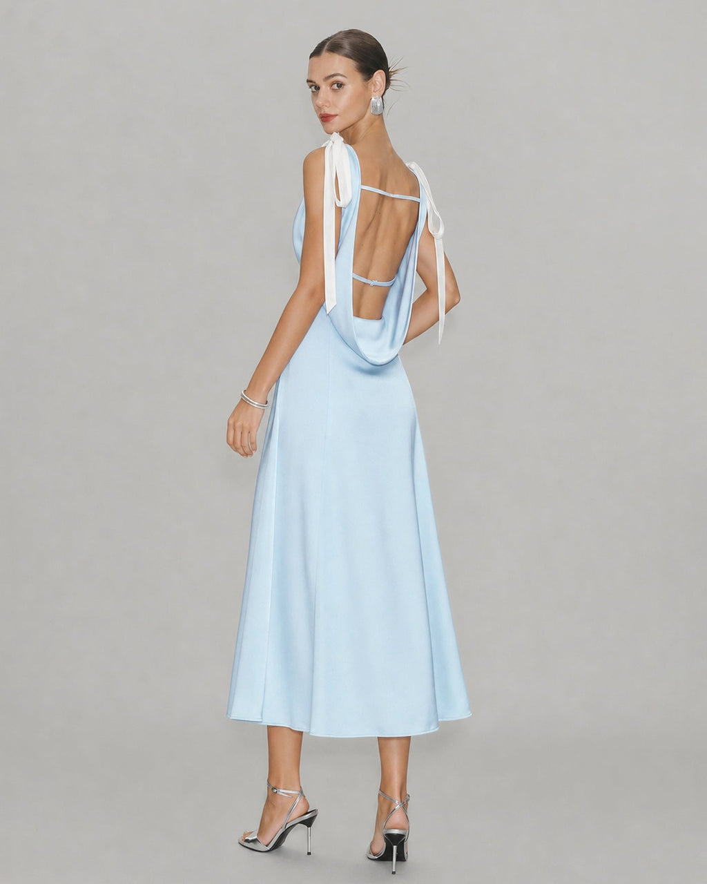Blue Satin Midi Dress with V-Neck and Cut-Out Detail