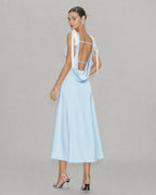 Blue Satin Midi Dress with V-Neck and Cut-Out Detail