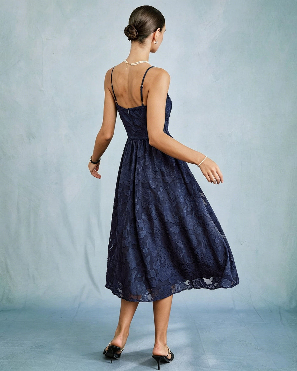 Blue Jacquard A-Line Midi Slip Dress