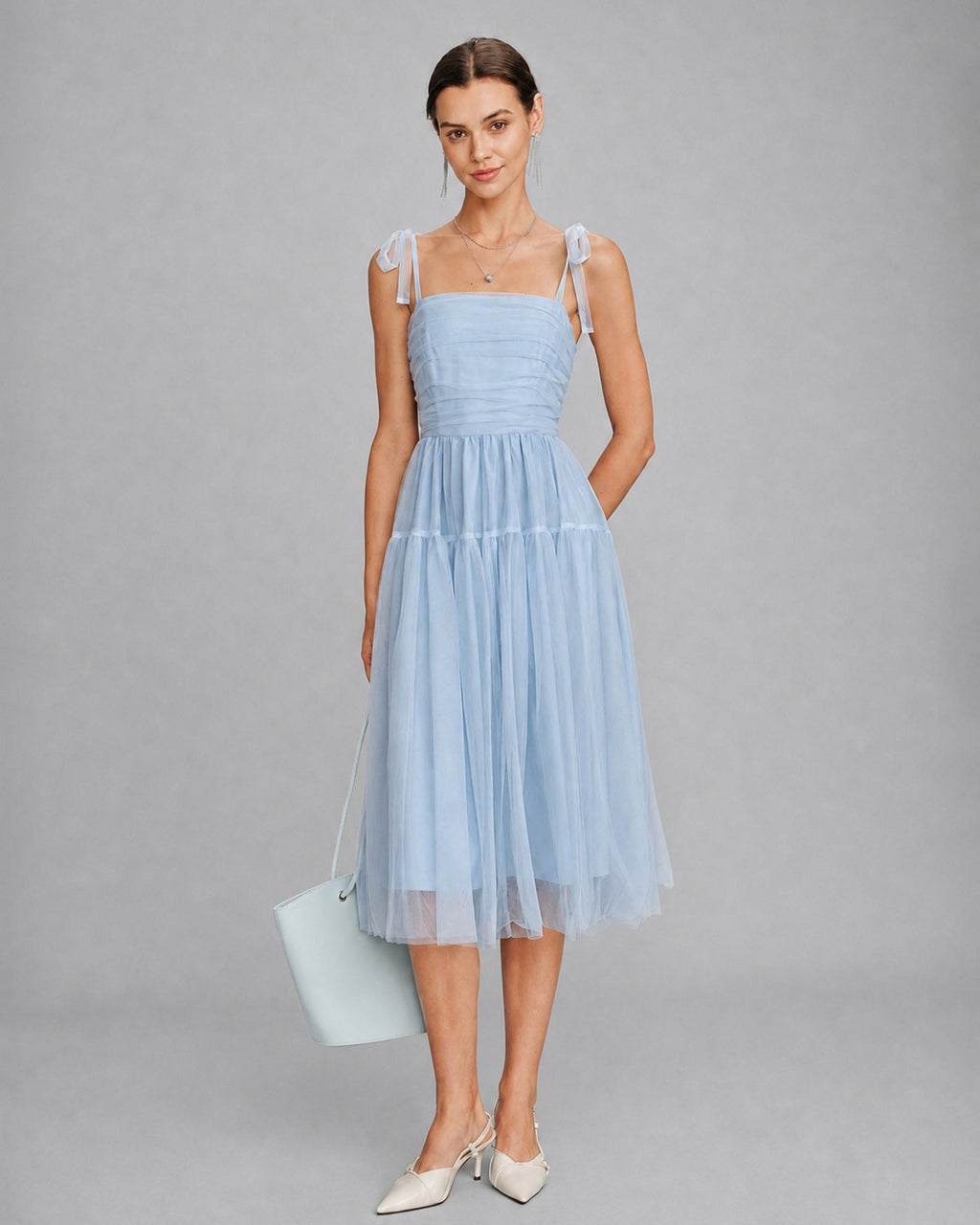 Blue Mesh Midi Dress with Square Neckline