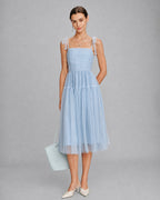 Blue Mesh Midi Dress with Square Neckline