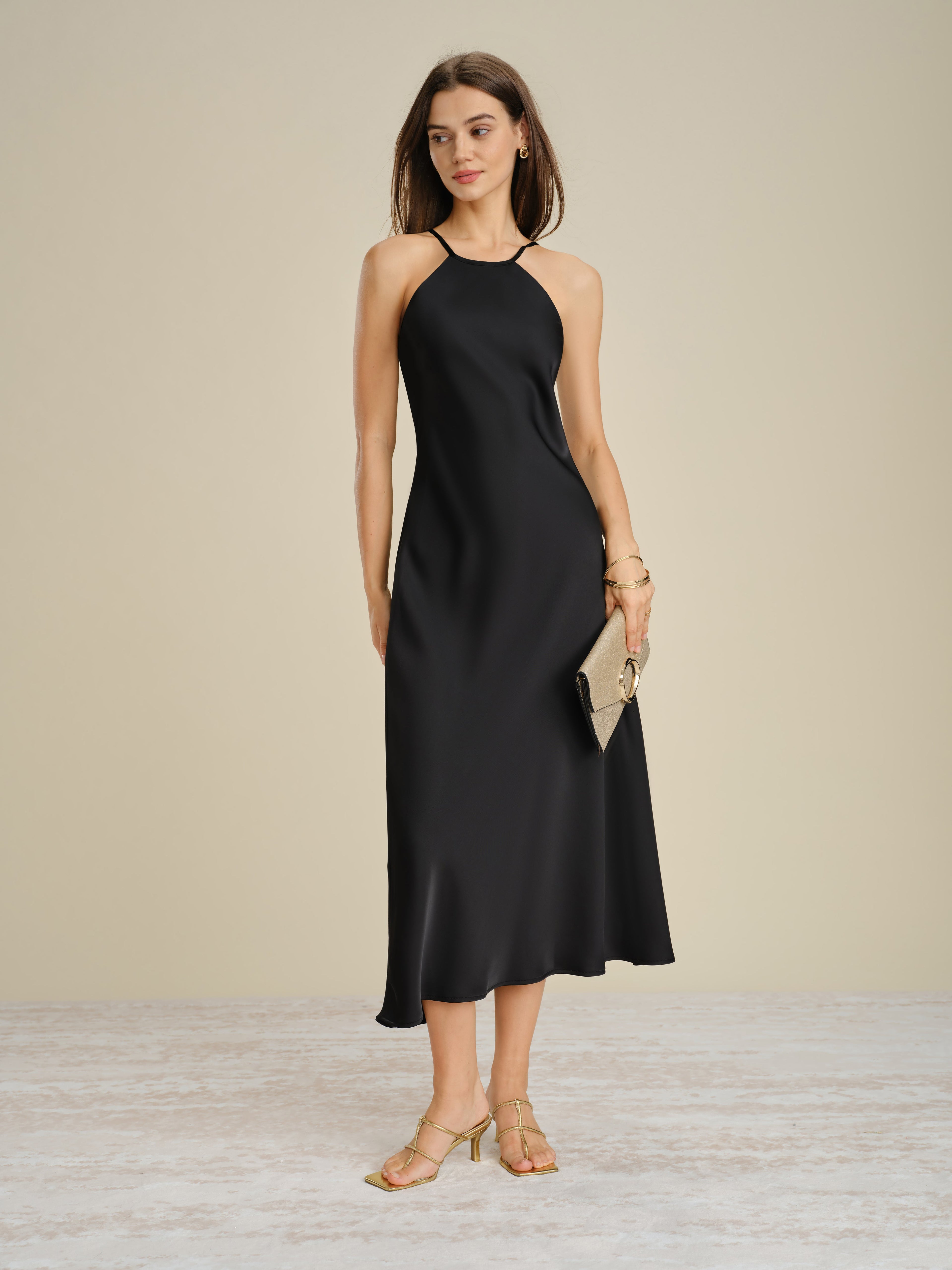 Black Satin Midi Dress with Halter Tie
