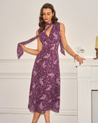 Floral Chiffon Midi Dress in Purple with V-Neck