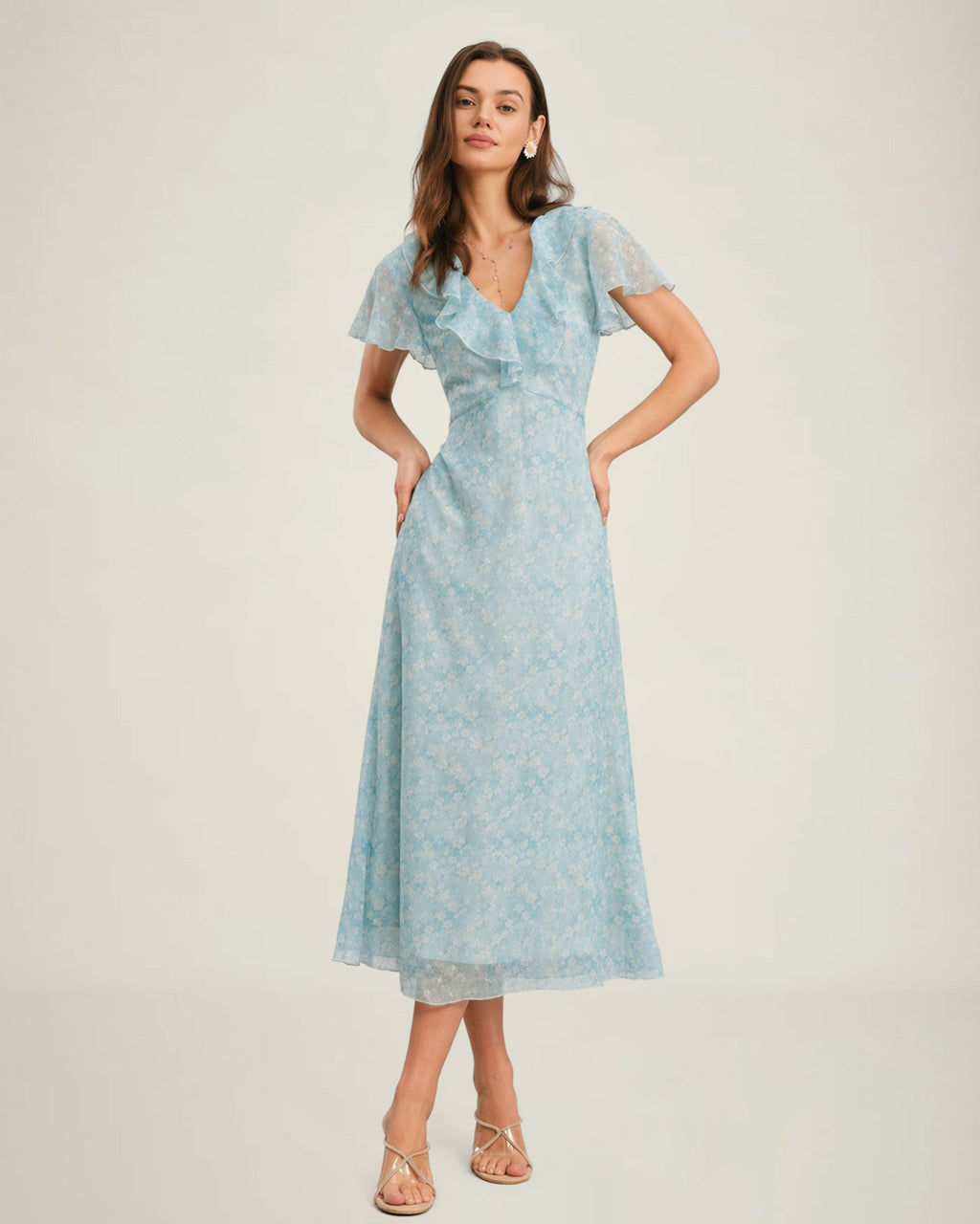 Floral Ruffle Midi Dress in Blue with V-Neck