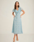 Floral Ruffle Midi Dress in Blue with V-Neck