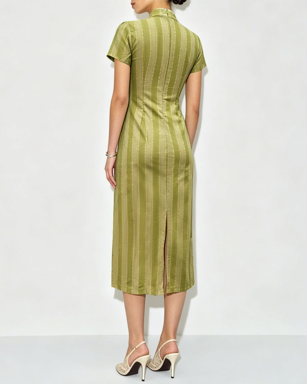 Green Mandarin Collar Midi Dress with Tunic Style