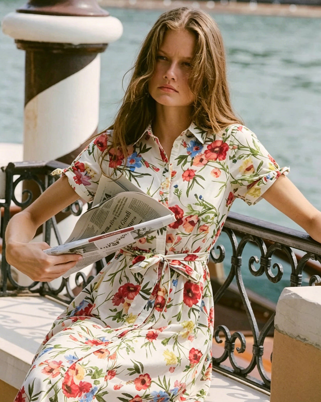 Floral Print Midi Dress with Collar Tie