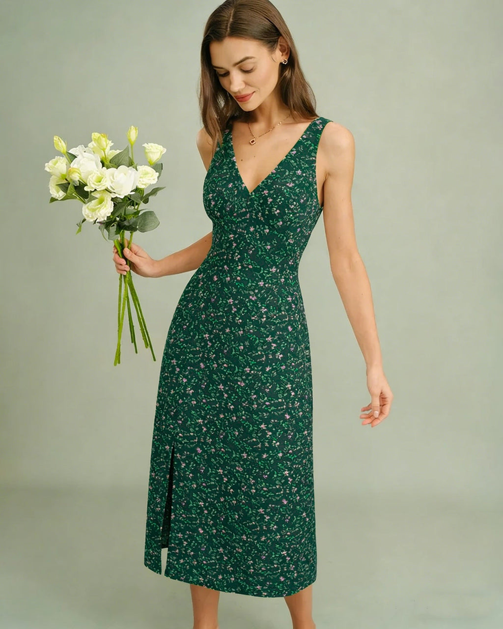 Floral Midi Dress with V-Neck in Green