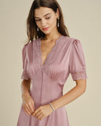 Pink Satin Midi Dress with Lace Accents