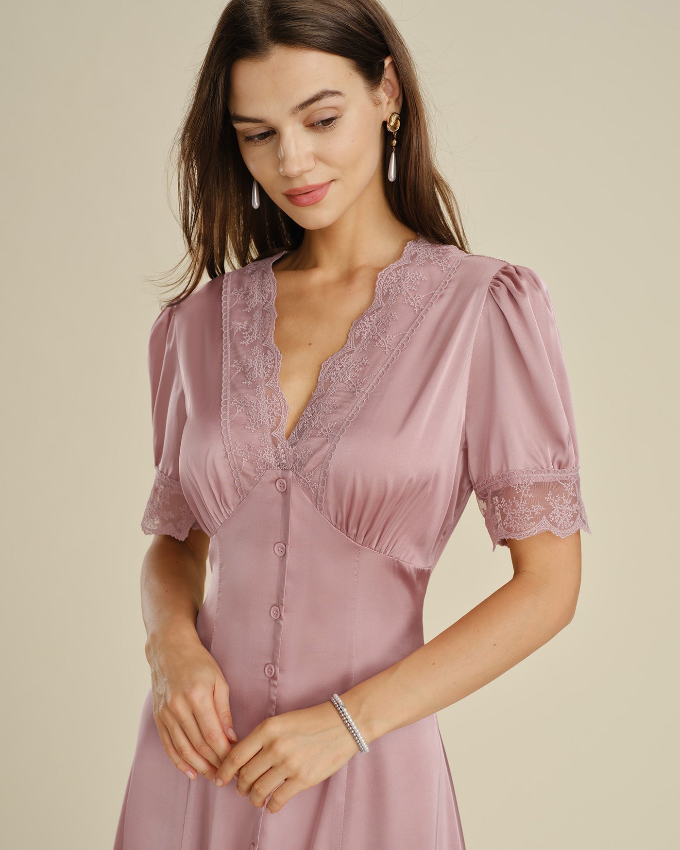 Pink Satin Midi Dress with Lace Accents