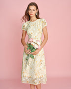 Jacquard Midi Dress with Yellow Puffed Sleeves