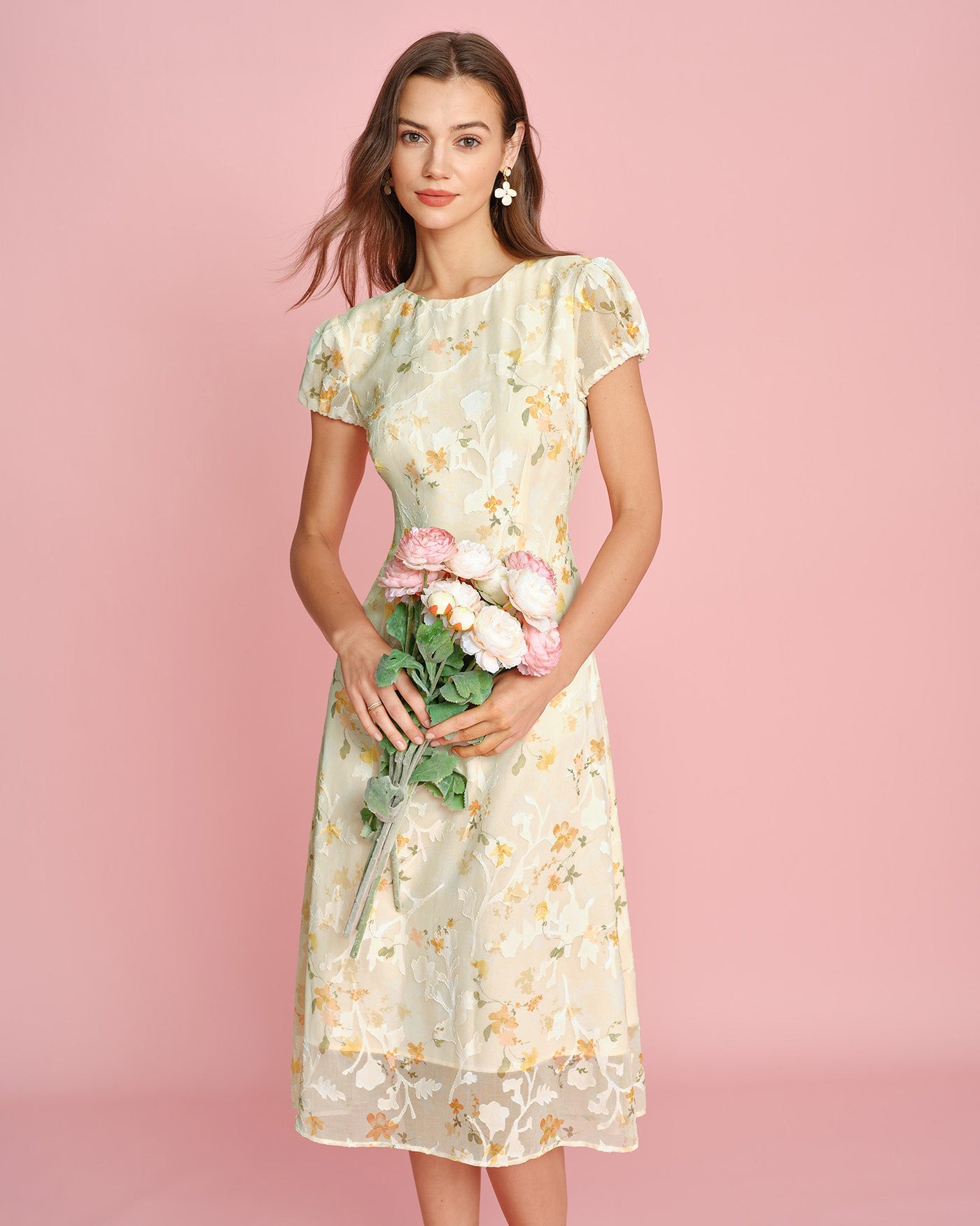 Jacquard Midi Dress with Yellow Puffed Sleeves