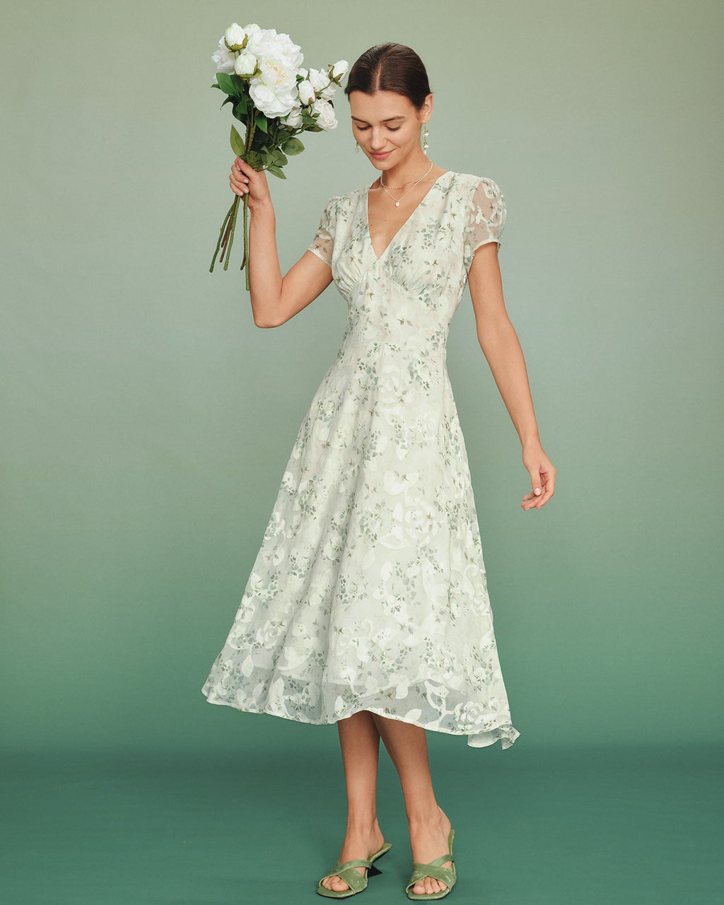 Floral Midi Dress with Green Puffed Sleeves