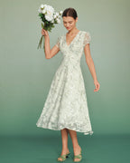 Floral Midi Dress with Green Puffed Sleeves