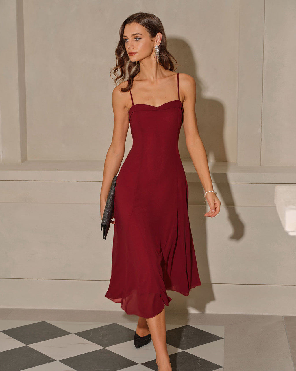 Crimson A-Line Corset Midi Dress