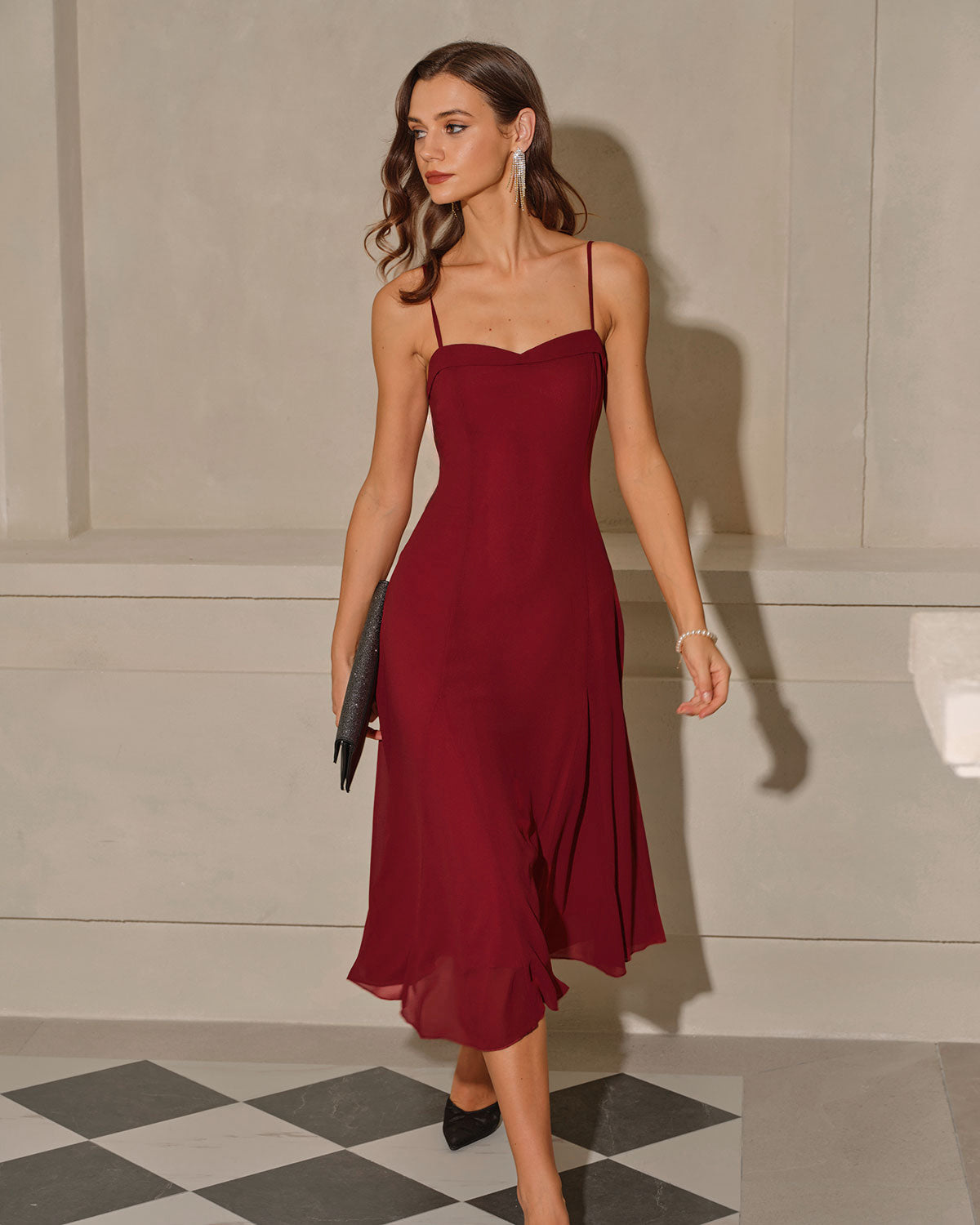 Crimson A-Line Corset Midi Dress