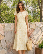 Floral Midi Dress with Yellow Cap Sleeves