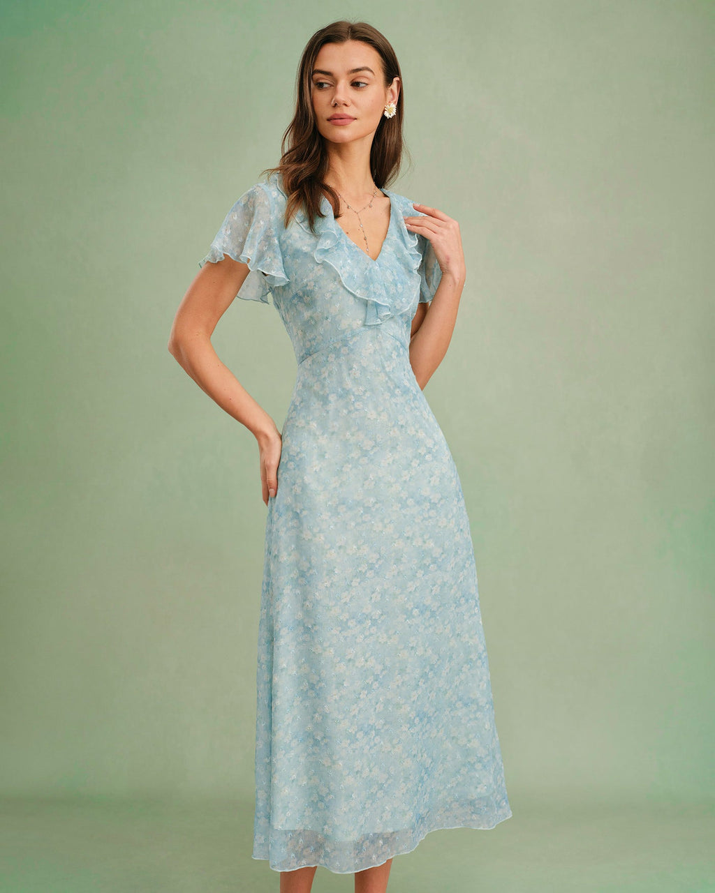 Floral Ruffle Midi Dress in Blue with V-Neck