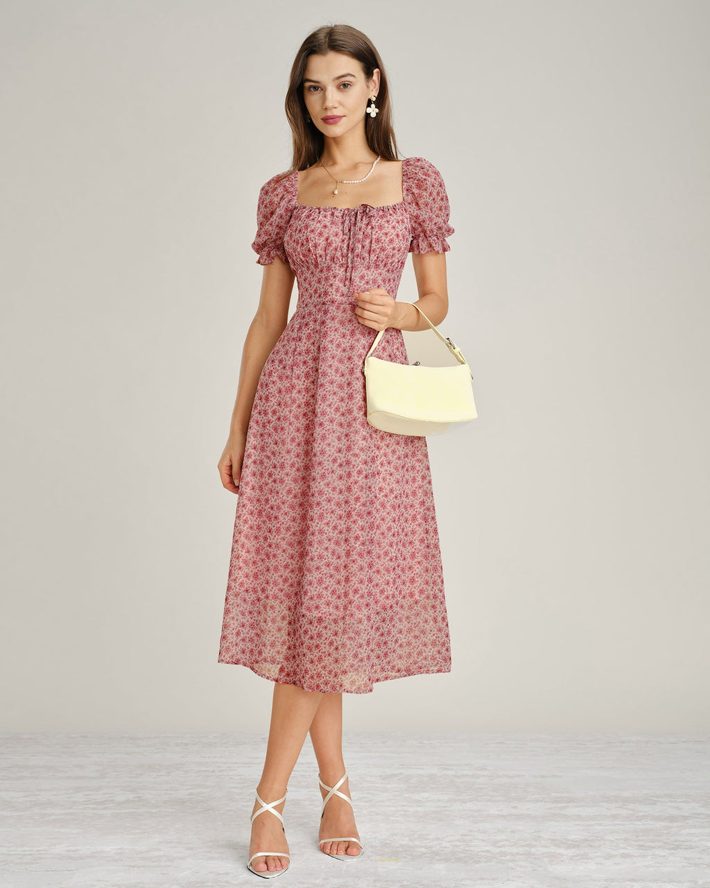 Floral Chiffon Midi Dress with Pink Square Neck