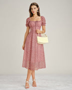 Floral Chiffon Midi Dress with Pink Square Neck