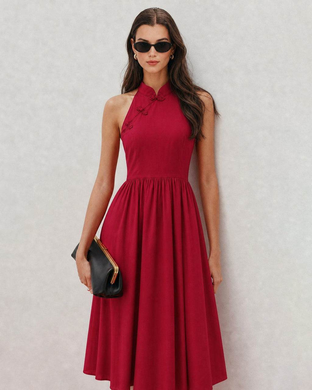 Red Midi Dress with Mandarin Collar and Pockets