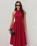Red Midi Dress with Mandarin Collar and Pockets