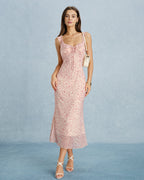 Pink V-Neck Ruffled Midi Dress with Tie Detail