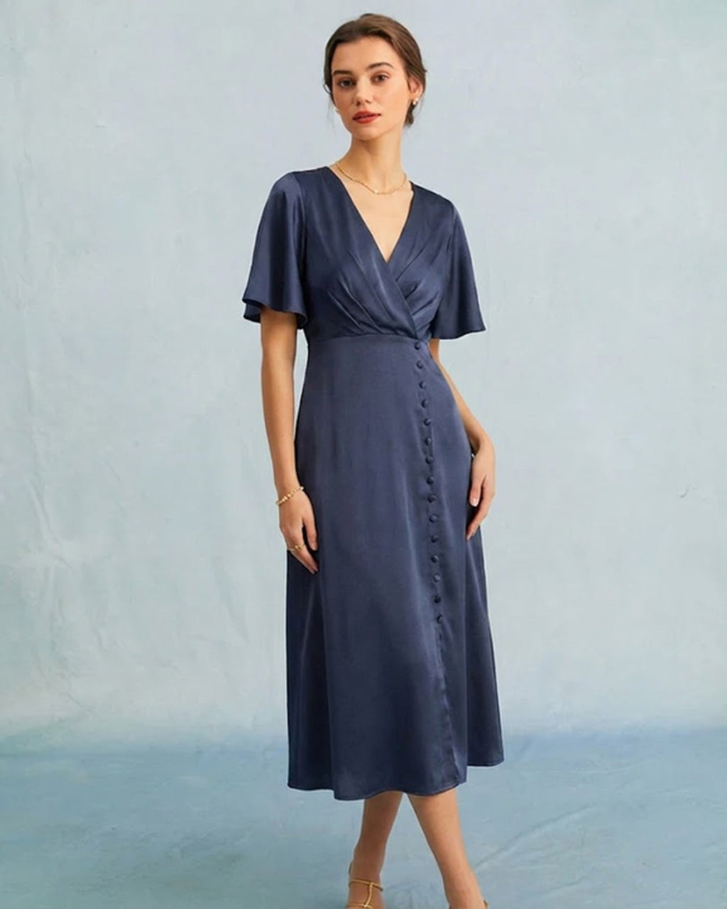 Navy Satin Midi Dress with V-Neck