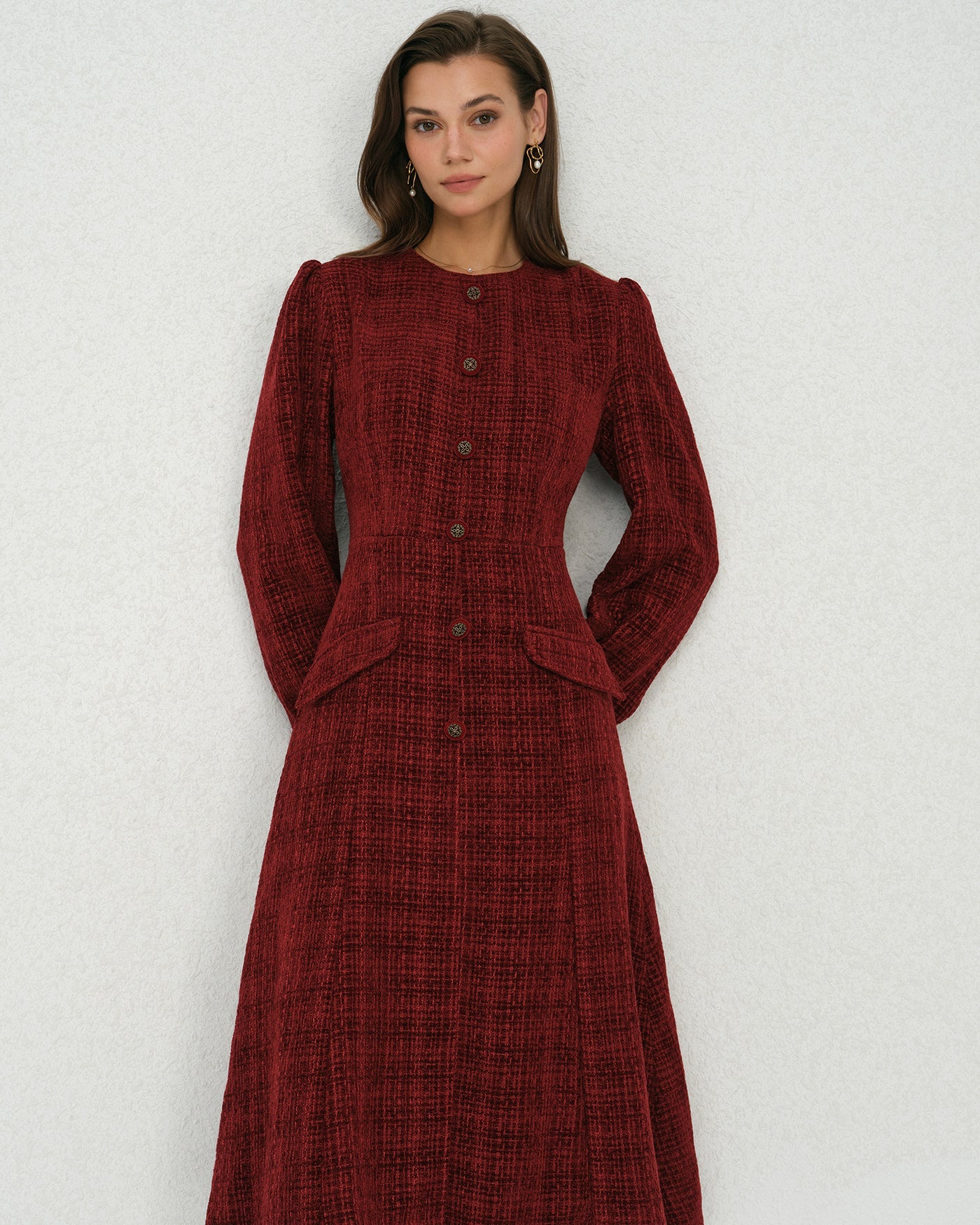 Crimson Lantern Sleeve A-Line Midi Dress
