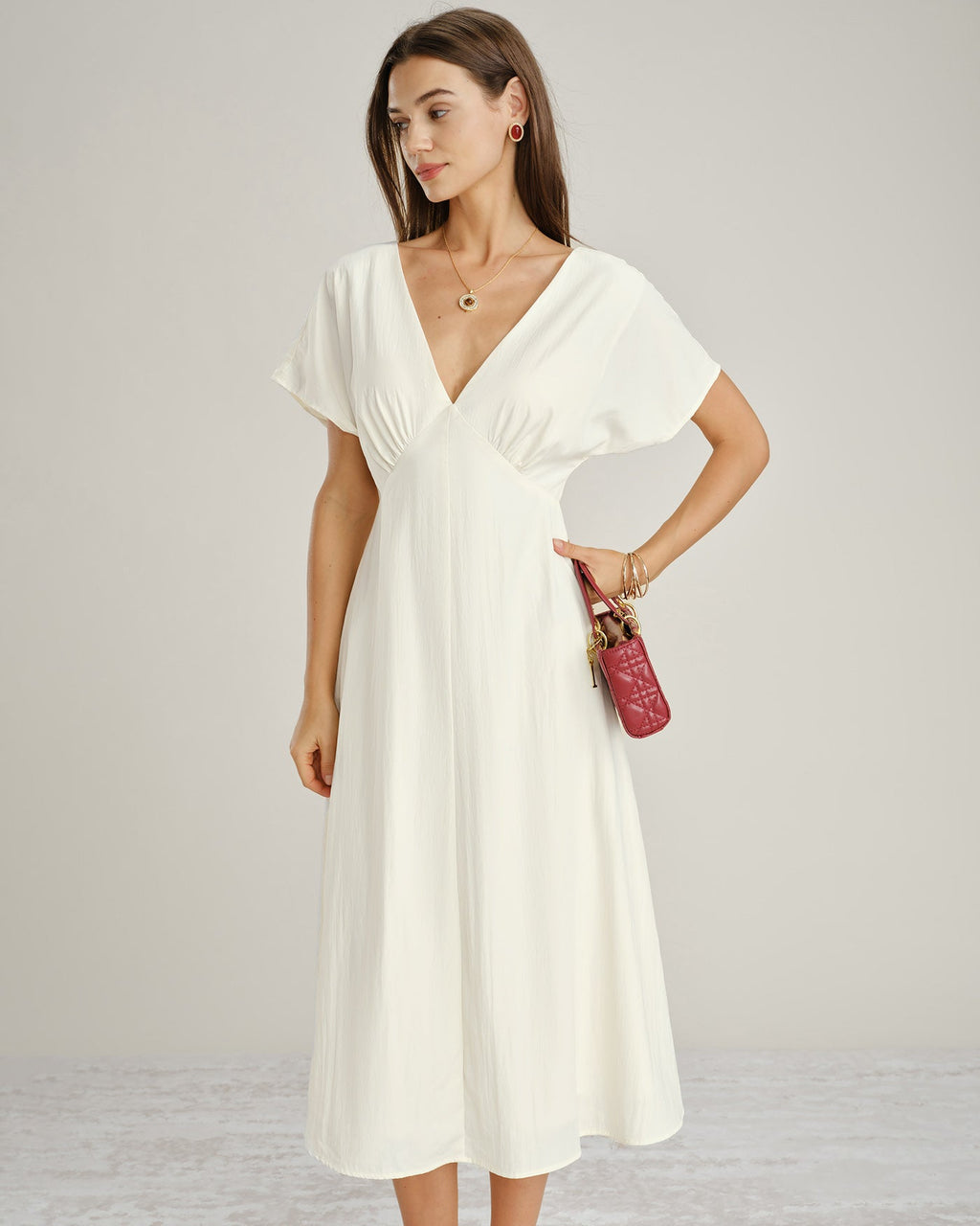 Apricot V-Neck Midi Dress with Cowl Sleeves