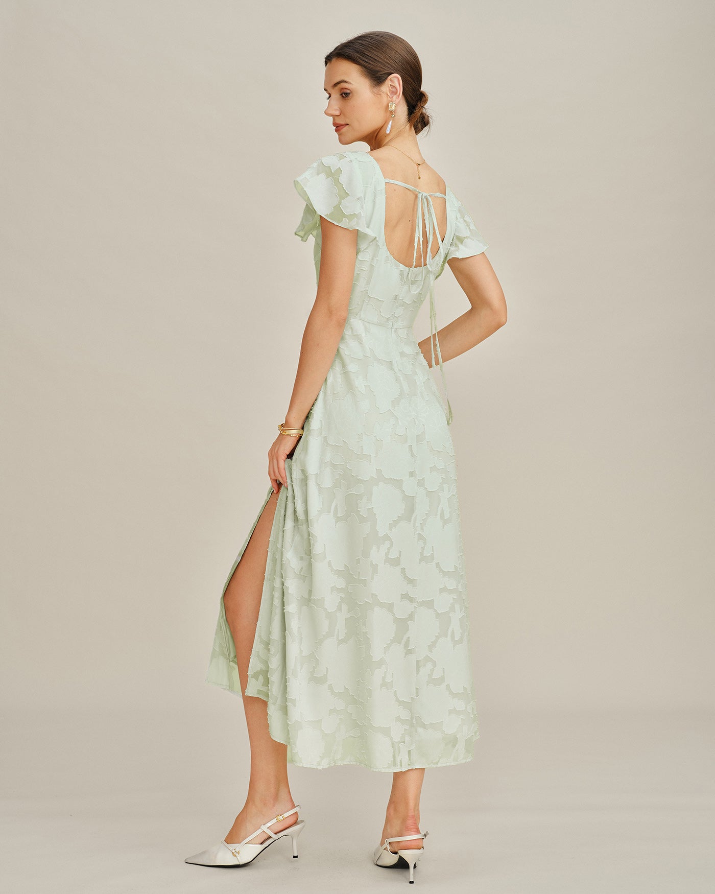 Floral Textured Midi Dress with Green Square Neck