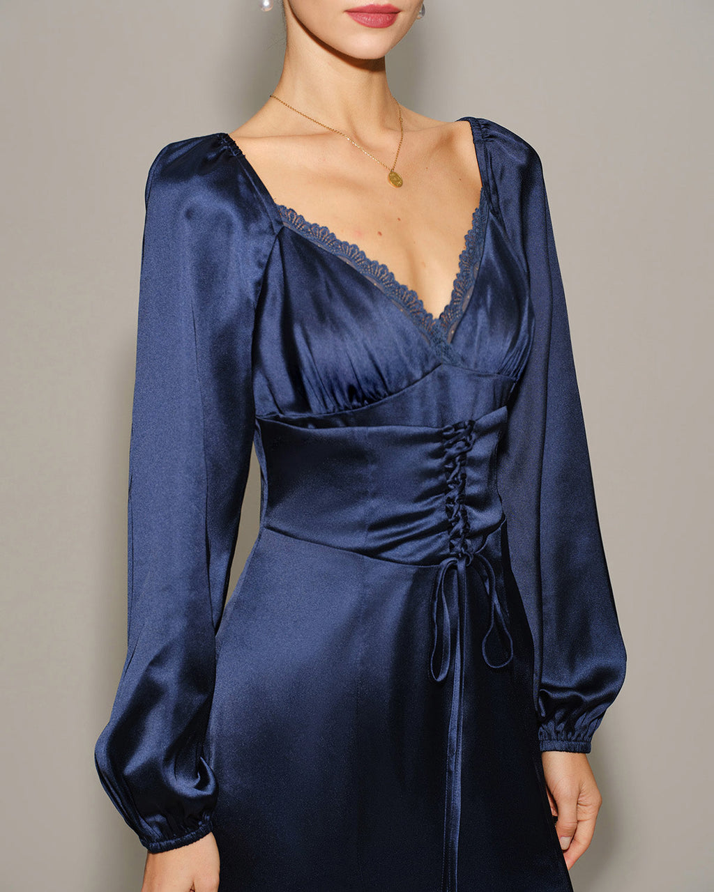 Navy Satin V-Neck Ruched Midi Dress
