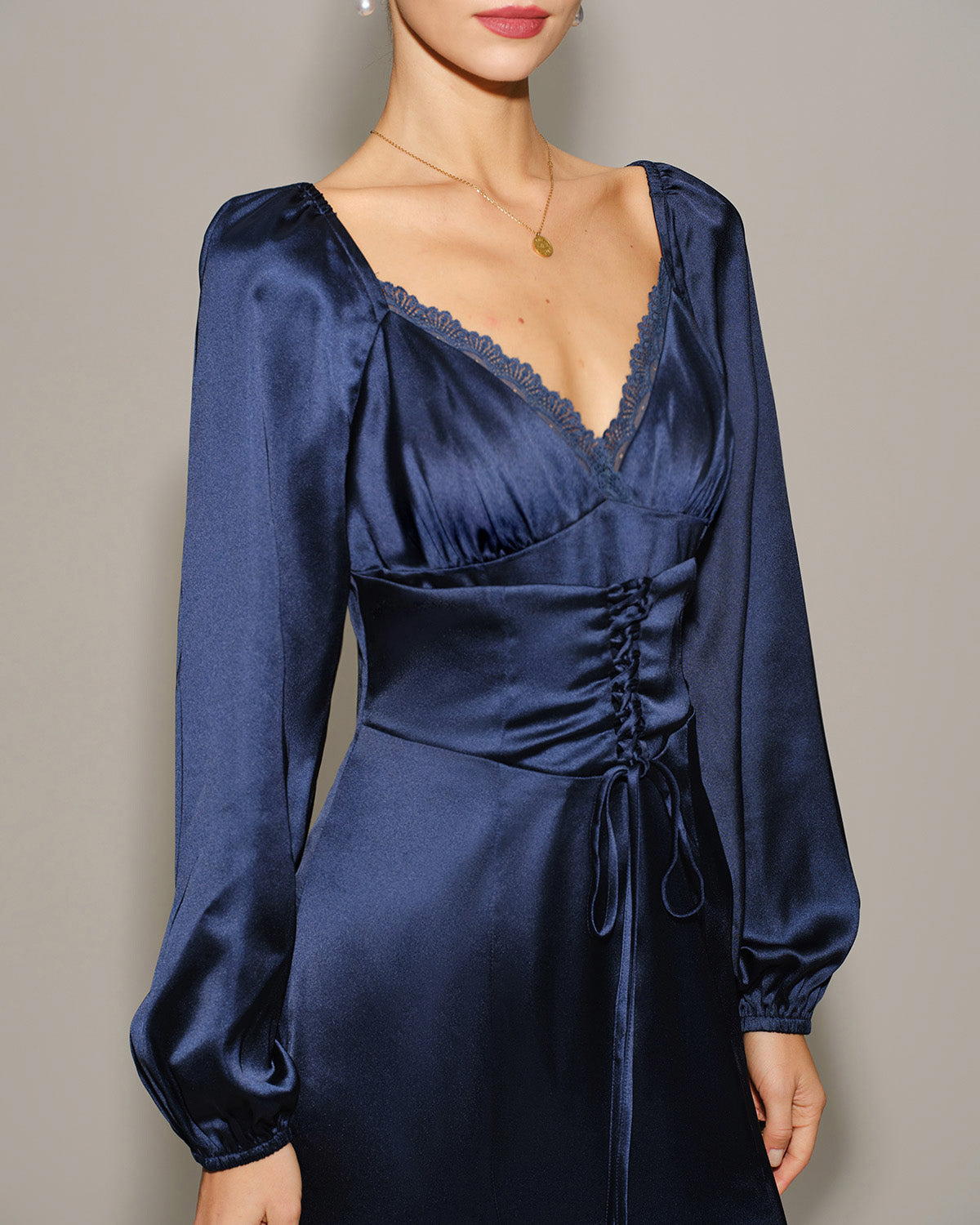 Navy Satin V-Neck Ruched Midi Dress