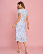 Jacquard Midi Dress with Purple Puffed Sleeves
