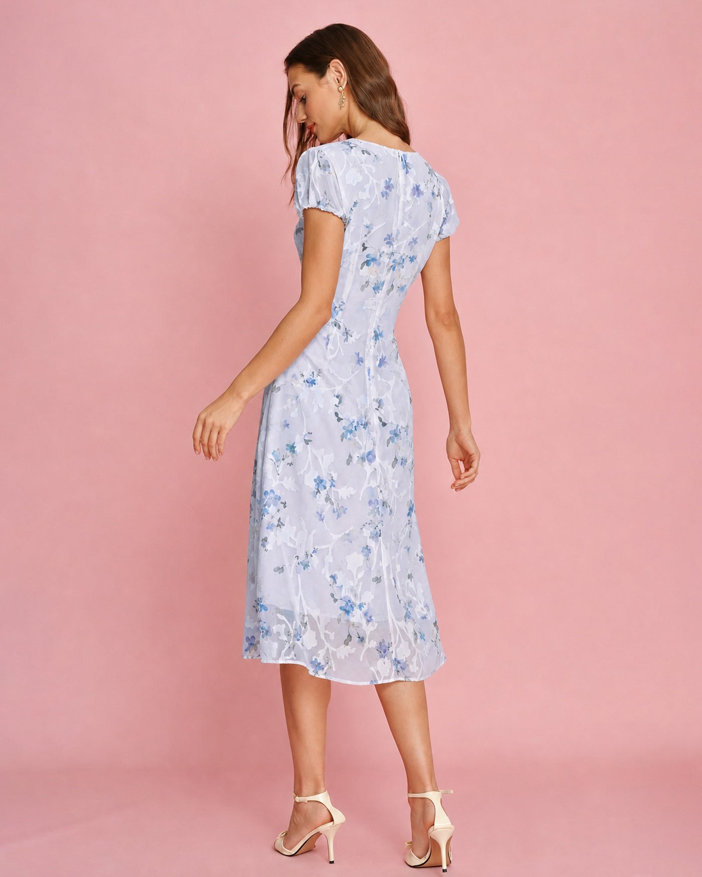 Jacquard Midi Dress with Purple Puffed Sleeves