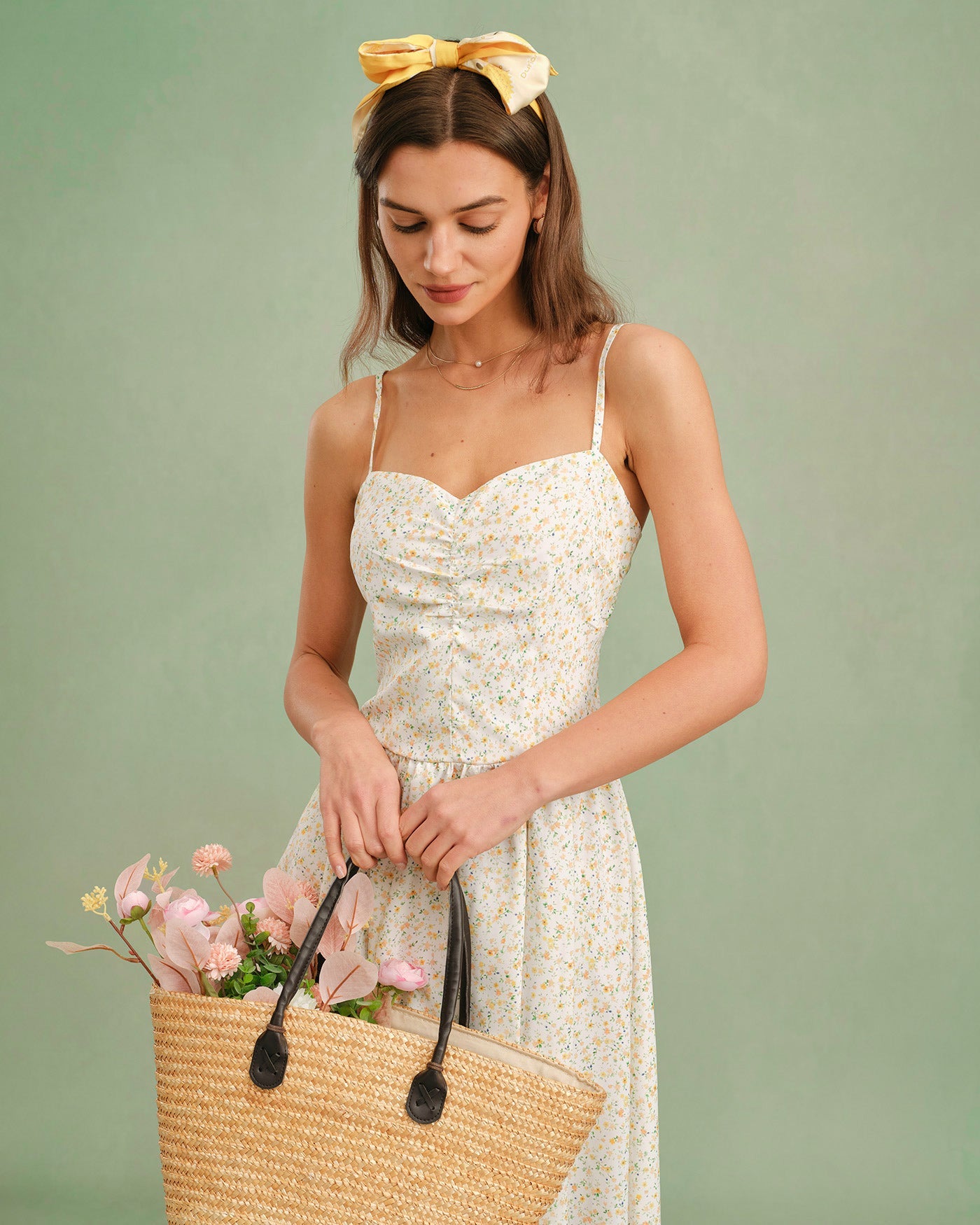 Floral Midi Dress with Sweetheart Neckline in Yellow