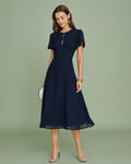 Navy Chiffon Midi Dress with Cut-Out Details