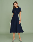 Navy Chiffon Midi Dress with Cut-Out Details
