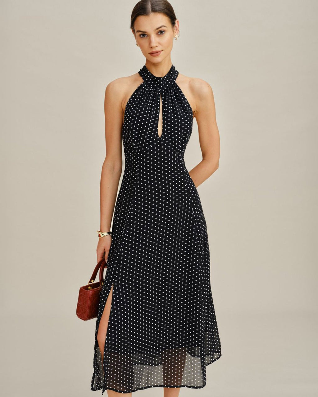 Polka Dot Halter Midi Dress in Black