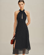 Polka Dot Halter Midi Dress in Black