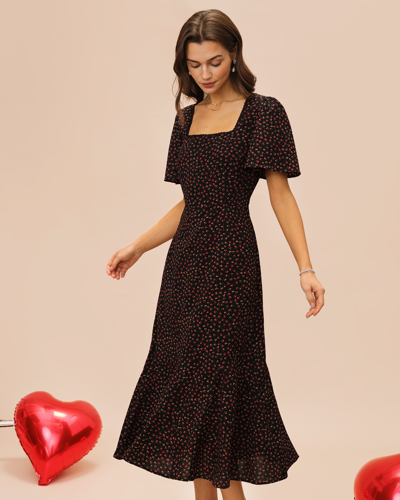 Floral Midi Dress with Black Square Neck and Butterfly Sleeves