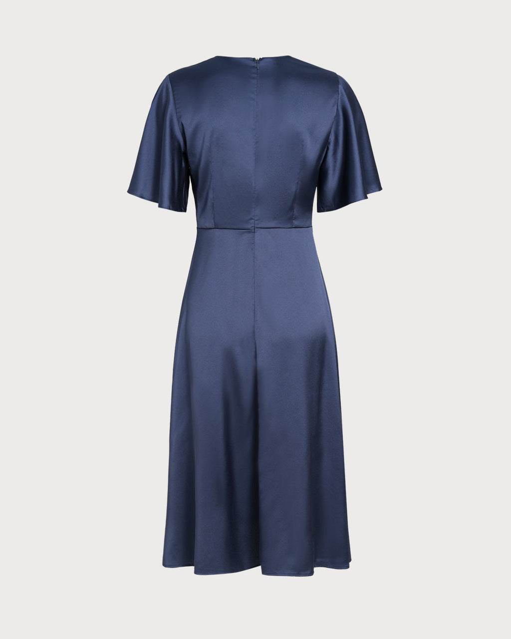 Navy Satin Midi Dress with V-Neck